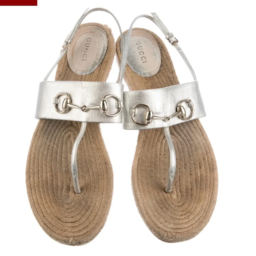 Gucci Horsebit T-Strap Espadrilles Leather Gold Straw Sandals Shoes 41/ 11